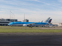 Aerial panoramic view of Amsterdam Airport Schiphol AMS EHAM and a Boeing 787-10 Dreamliner of KLM Royal Dutch Airlines with tail number PH-...