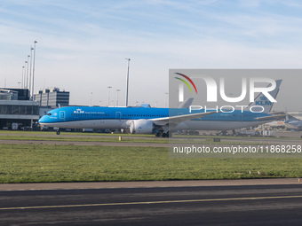 Aerial panoramic view of Amsterdam Airport Schiphol AMS EHAM and a Boeing 787-10 Dreamliner of KLM Royal Dutch Airlines with tail number PH-...