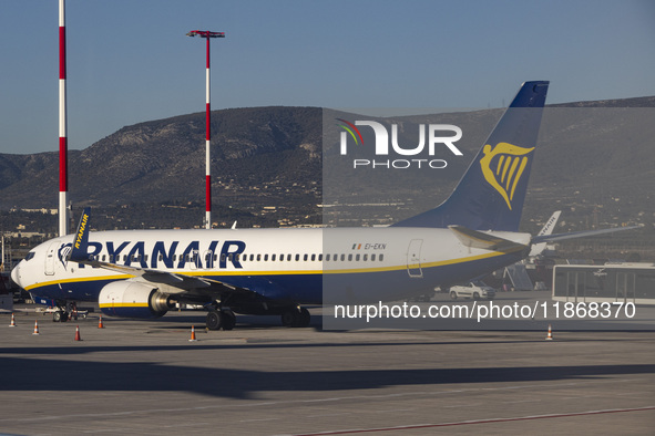 Ryanair Boeing 737-800 aircraft spotted parked at Athens International Airport ATH serving the Greek capital. The Boeing 737 passenger airpl...