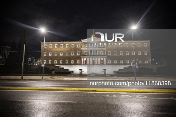 Night view of the Greek Parliament building officially known as The Parliament of the Hellenes or the Hellenic Parliament next to Syntagma S...