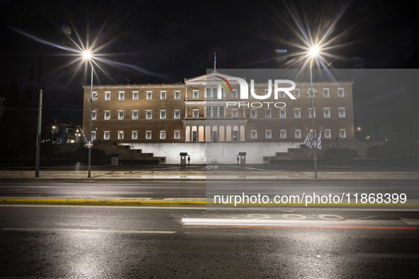 Night view of the Greek Parliament building officially known as The Parliament of the Hellenes or the Hellenic Parliament next to Syntagma S...