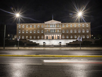 Night view of the Greek Parliament building officially known as The Parliament of the Hellenes or the Hellenic Parliament next to Syntagma S...