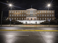 Night view of the Greek Parliament building officially known as The Parliament of the Hellenes or the Hellenic Parliament next to Syntagma S...