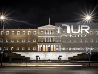 Night view of the Greek Parliament building officially known as The Parliament of the Hellenes or the Hellenic Parliament next to Syntagma S...