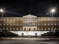 Night view of the Greek Parliament building officially known as The Parliament of the Hellenes or the Hellenic Parliament next to Syntagma S...