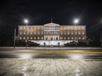 Night view of the Greek Parliament building officially known as The Parliament of the Hellenes or the Hellenic Parliament next to Syntagma S...