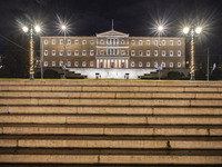 Night view of the Greek Parliament building officially known as The Parliament of the Hellenes or the Hellenic Parliament next to Syntagma S...