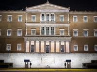 Night view of the Greek Parliament building officially known as The Parliament of the Hellenes or the Hellenic Parliament next to Syntagma S...