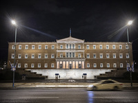 Night view of the Greek Parliament building officially known as The Parliament of the Hellenes or the Hellenic Parliament next to Syntagma S...