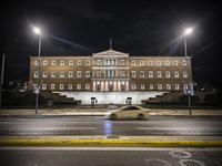 Night view of the Greek Parliament building officially known as The Parliament of the Hellenes or the Hellenic Parliament next to Syntagma S...