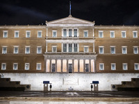 Night view of the Greek Parliament building officially known as The Parliament of the Hellenes or the Hellenic Parliament next to Syntagma S...