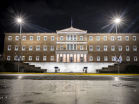 Night view of the Greek Parliament building officially known as The Parliament of the Hellenes or the Hellenic Parliament next to Syntagma S...