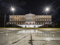 Night view of the Greek Parliament building officially known as The Parliament of the Hellenes or the Hellenic Parliament next to Syntagma S...