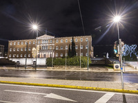 Night view of the Greek Parliament building officially known as The Parliament of the Hellenes or the Hellenic Parliament next to Syntagma S...