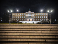 Night view of the Greek Parliament building officially known as The Parliament of the Hellenes or the Hellenic Parliament next to Syntagma S...