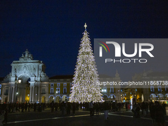 A general view shows the Christmas lights at Praca do Comercio in Lisbon, Portugal, on December 14, 2024. The Christmas lights in Lisbon are...