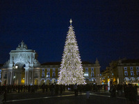 A general view shows the Christmas lights at Praca do Comercio in Lisbon, Portugal, on December 14, 2024. The Christmas lights in Lisbon are...