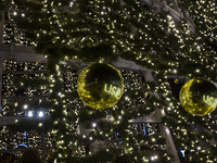 People are reflected around the Christmas lights at Praca do Comercio in Lisbon, Portugal, on December 14, 2024. The Christmas lights in Lis...