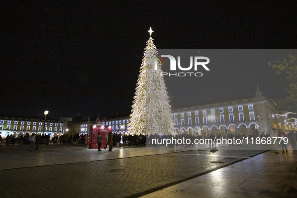 In Lisbon, Portugal, on December 14, 2024, a general view of the Christmas lights at Praca do Comercio is seen. The Christmas lights in Lisb...