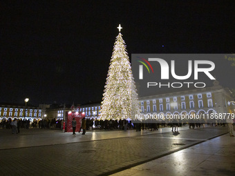 In Lisbon, Portugal, on December 14, 2024, a general view of the Christmas lights at Praca do Comercio is seen. The Christmas lights in Lisb...