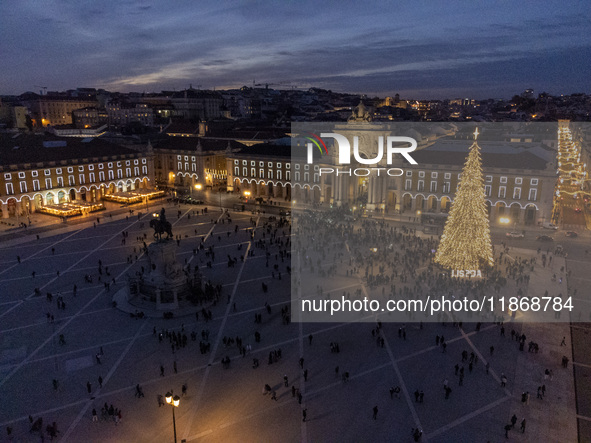 A drone captures the Christmas lights at Praca do Comercio in Lisbon, Portugal, on December 14, 2024. The Christmas lights in Lisbon are off...