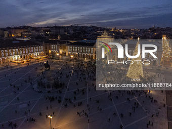 A drone captures the Christmas lights at Praca do Comercio in Lisbon, Portugal, on December 14, 2024. The Christmas lights in Lisbon are off...