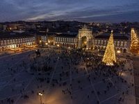 A drone captures the Christmas lights at Praca do Comercio in Lisbon, Portugal, on December 14, 2024. The Christmas lights in Lisbon are off...