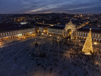 A drone captures the Christmas lights at Praca do Comercio in Lisbon, Portugal, on December 14, 2024. The Christmas lights in Lisbon are off...