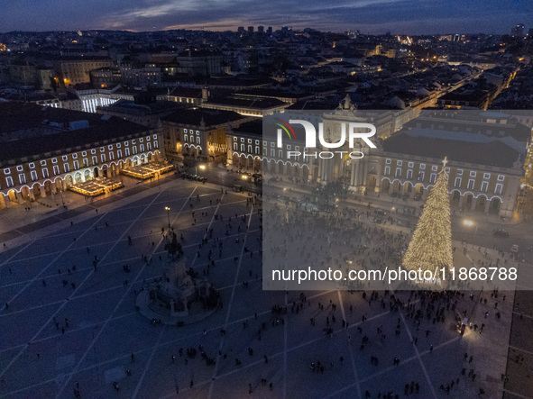 A drone captures the Christmas lights at Praca do Comercio in Lisbon, Portugal, on December 14, 2024. The Christmas lights in Lisbon are off...