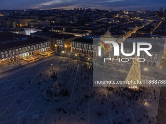 A drone captures the Christmas lights at Praca do Comercio in Lisbon, Portugal, on December 14, 2024. The Christmas lights in Lisbon are off...