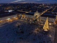 A drone captures the Christmas lights at Praca do Comercio in Lisbon, Portugal, on December 14, 2024. The Christmas lights in Lisbon are off...