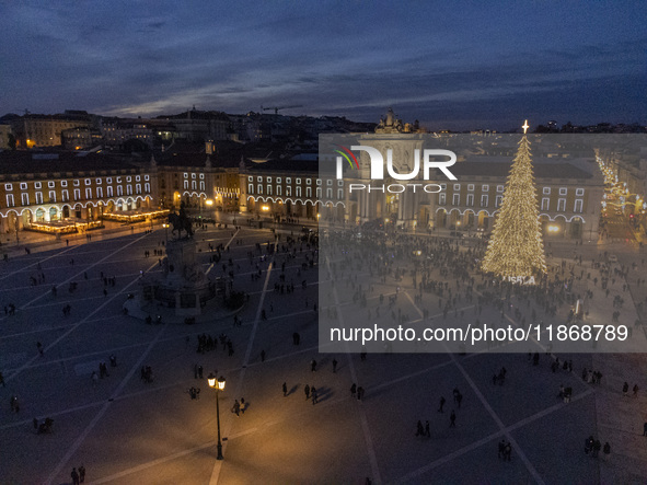 A drone captures the Christmas lights at Praca do Comercio in Lisbon, Portugal, on December 14, 2024. The Christmas lights in Lisbon are off...