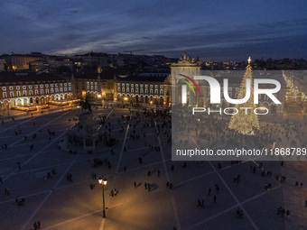 A drone captures the Christmas lights at Praca do Comercio in Lisbon, Portugal, on December 14, 2024. The Christmas lights in Lisbon are off...