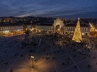 A drone captures the Christmas lights at Praca do Comercio in Lisbon, Portugal, on December 14, 2024. The Christmas lights in Lisbon are off...