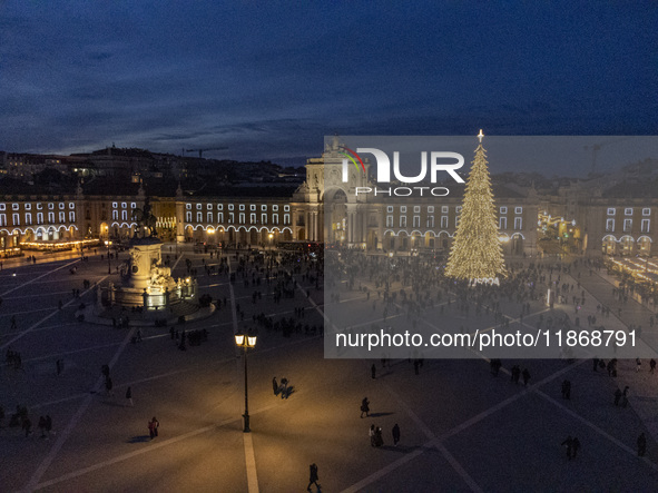 A drone captures the Christmas lights at Praca do Comercio in Lisbon, Portugal, on December 14, 2024. The Christmas lights in Lisbon are off...