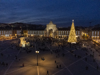 A drone captures the Christmas lights at Praca do Comercio in Lisbon, Portugal, on December 14, 2024. The Christmas lights in Lisbon are off...