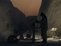 Labourers work at the ''White Mountain'' limestone extraction quarry site near Minya, Egypt, on December 14, 2024. Covered in fine white dus...