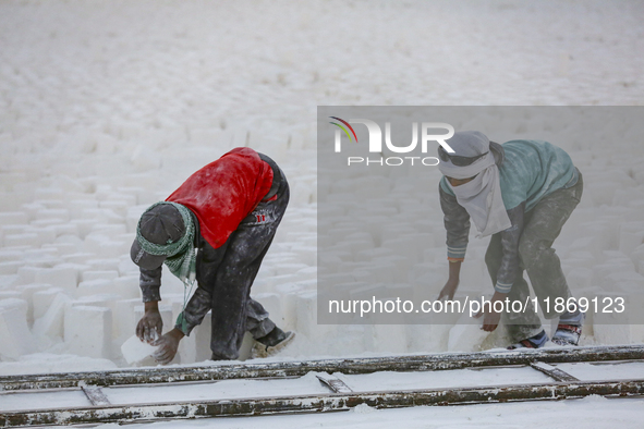 Labourers work at the ''White Mountain'' limestone extraction quarry site near Minya, Egypt, on December 14, 2024. Covered in fine white dus...