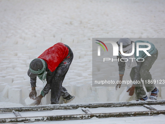 Labourers work at the ''White Mountain'' limestone extraction quarry site near Minya, Egypt, on December 14, 2024. Covered in fine white dus...