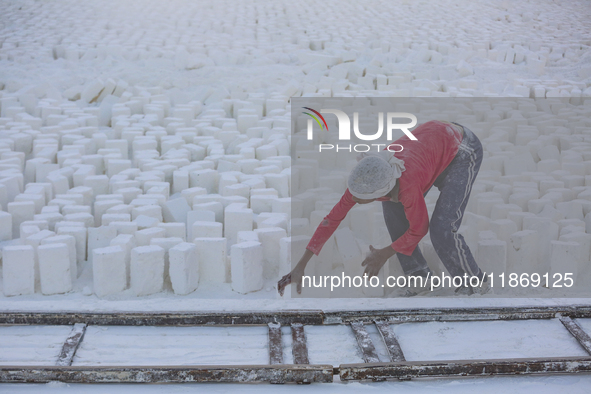 Labourers work at the ''White Mountain'' limestone extraction quarry site near Minya, Egypt, on December 14, 2024. Covered in fine white dus...