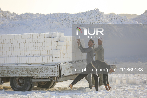 Labourers work at the ''White Mountain'' limestone extraction quarry site near Minya, Egypt, on December 14, 2024. Covered in fine white dus...