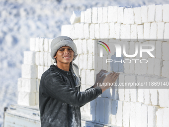 Labourers work at the ''White Mountain'' limestone extraction quarry site near Minya, Egypt, on December 14, 2024. Covered in fine white dus...