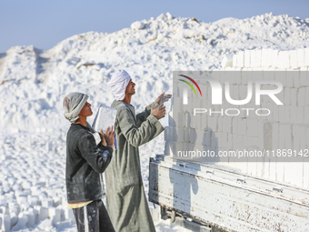 Labourers work at the ''White Mountain'' limestone extraction quarry site near Minya, Egypt, on December 14, 2024. Covered in fine white dus...