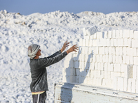 Labourers work at the ''White Mountain'' limestone extraction quarry site near Minya, Egypt, on December 14, 2024. Covered in fine white dus...