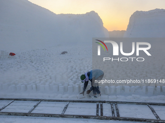 Labourers work at the ''White Mountain'' limestone extraction quarry site near Minya, Egypt, on December 14, 2024. Covered in fine white dus...