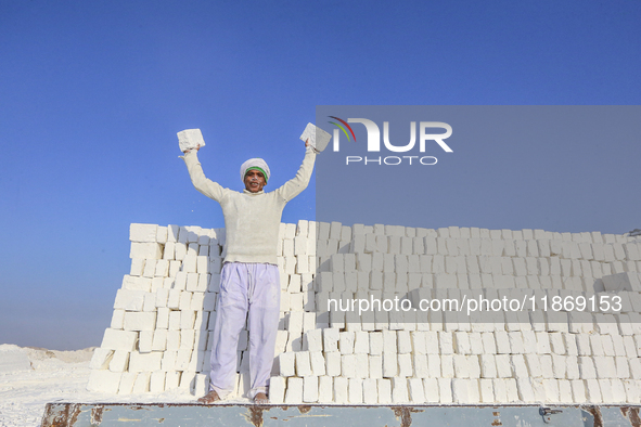 Labourers work at the ''White Mountain'' limestone extraction quarry site near Minya, Egypt, on December 14, 2024. Covered in fine white dus...