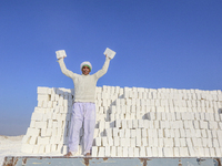 Labourers work at the ''White Mountain'' limestone extraction quarry site near Minya, Egypt, on December 14, 2024. Covered in fine white dus...