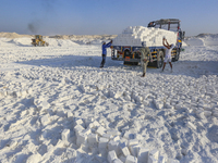 Labourers work at the ''White Mountain'' limestone extraction quarry site near Minya, Egypt, on December 14, 2024. Covered in fine white dus...