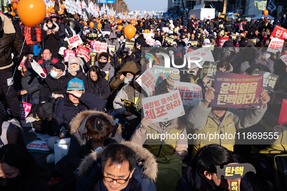 Approximately 2 million citizens gather in Yeouido, Seoul, South Korea, on December 14, 2024, calling for the impeachment of President Yoon...