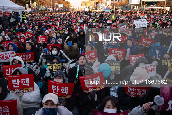 Approximately 2 million citizens gather in Yeouido, Seoul, South Korea, on December 14, 2024, calling for the impeachment of President Yoon...